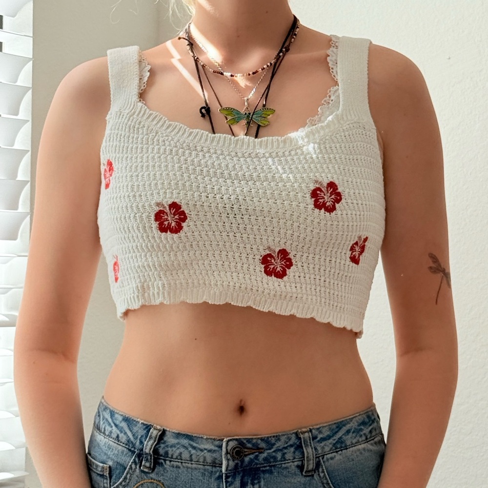 White and Red Floral Knit Crop Top